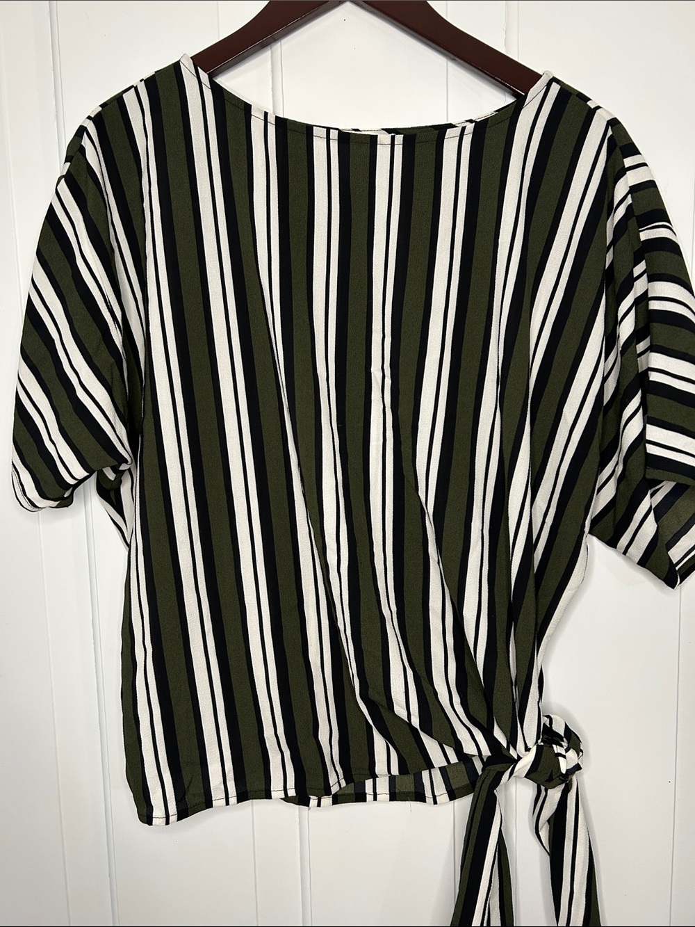 Michael Kors Olive Green Black and White Striped Tie-Front Short Sleeve Top